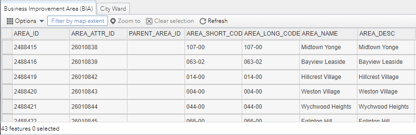 Attribute table shown with the tab "Business Improvement Area (BIA)" selected