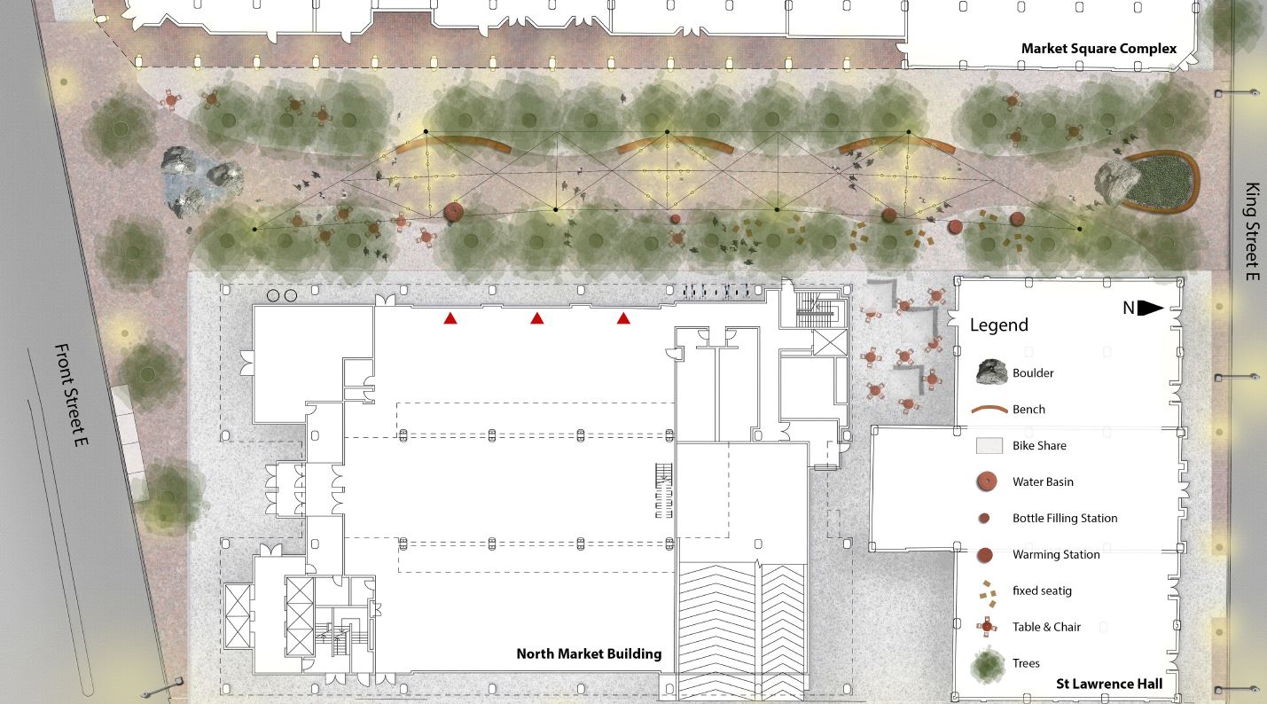 An image of the preferred design for Market Lane Park, which shows the location of the proposed features for the park. Long benches are included on the western edge of the park, and the central area features space for market-related and Indigenous programming. The south end of the park includes a water feature and seating, and the north end also includes seating and planting beds.