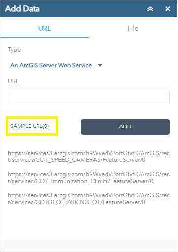Display of the Add Data menu with Sample URLs highlighted.