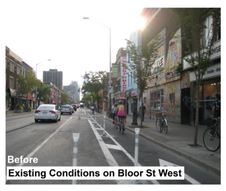 Image of Bike Lanes before reconstruction on Bloor Street West. Please contact Paul Martin for more information at paul.martin@toronto.ca