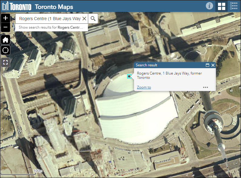 Display of the map zoomed in on the Rogers Centre