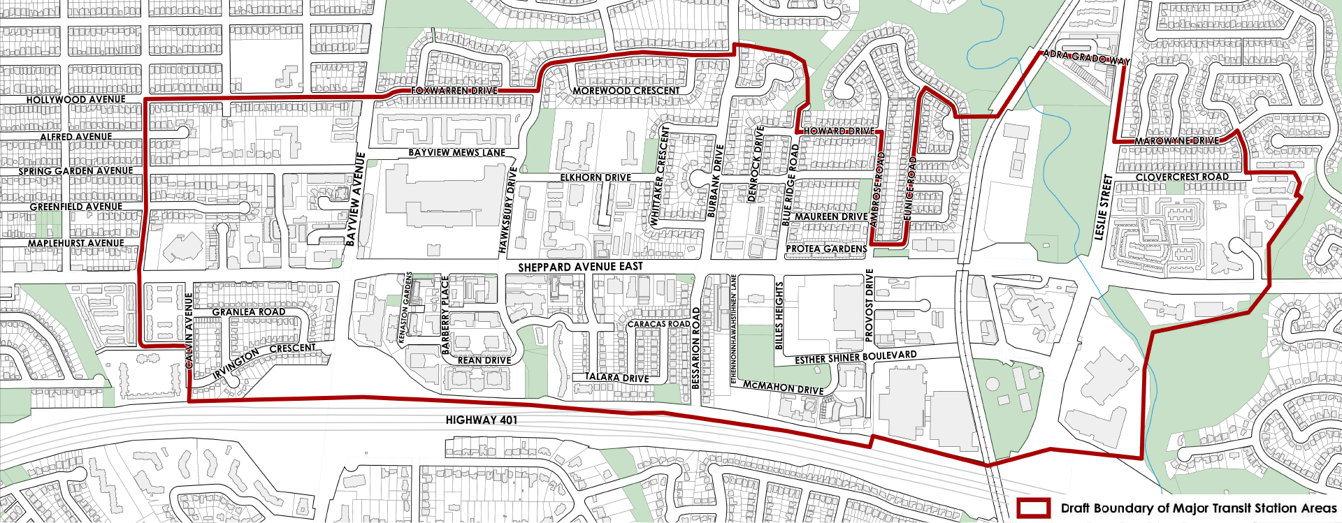 The Sheppard Avenue East Planning Review (ReNew Sheppard East) study area is bounded by Foxwarren Drive in the north, east of Leslie Street in the east, Highway 401 in the south and west of Calvin Avenue in the west.
