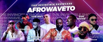 The Invincible Showcase AFROWAVETO poster featuring portraits and names of Temi, Lexxicon, Nathan Baya, Gabyboy, Bucatti Bonsu, Don Richie, Everythingoshaun and Jbwai
