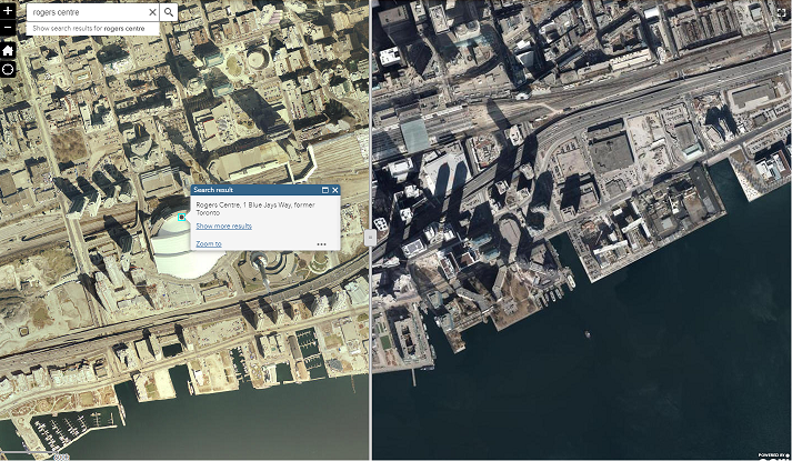 Display of the map with one side showing the 2018 imagery and the other side showing the 2005 imagery seperated by a vertical bar - zoomed in close to the Rogers Centre