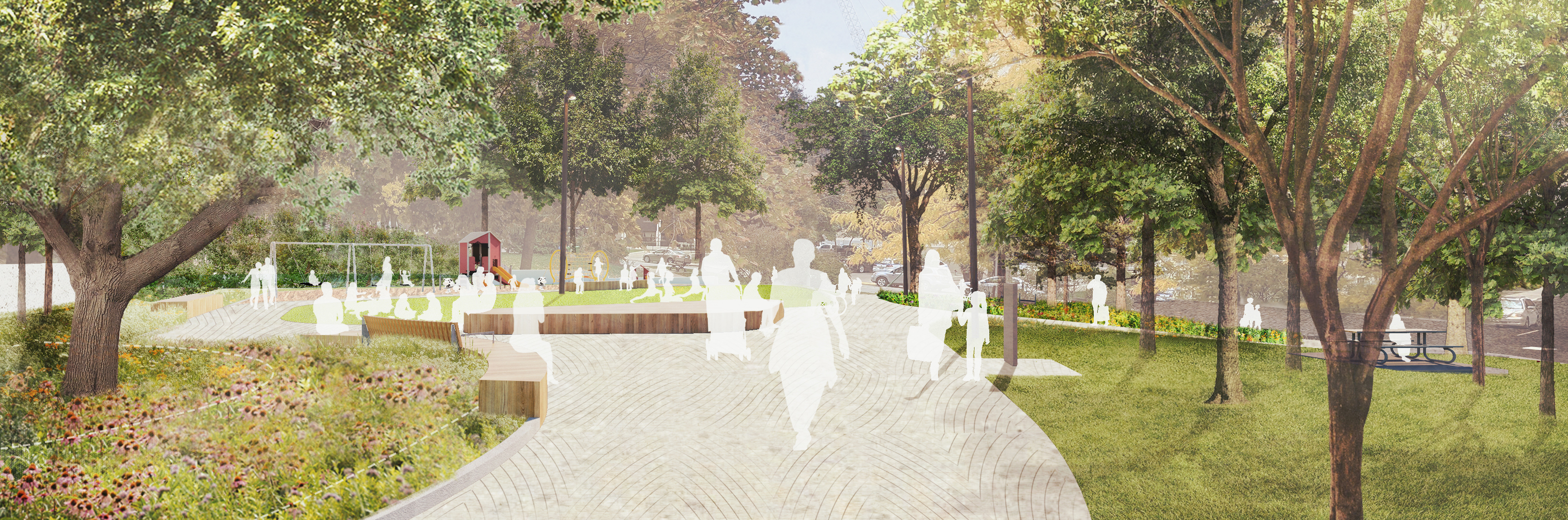A photograph of Redpath Avenue Parkette, which focuses on the centre of the parkette, which includes a concrete pathway leading to the nearby street, four park benches, and various planting beds/planters.