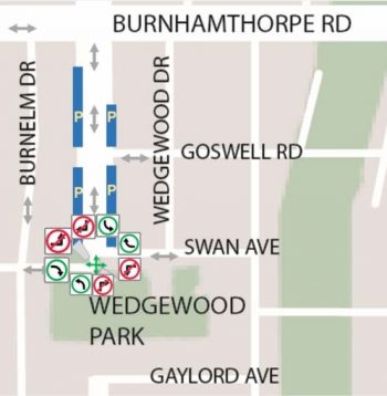 Map view of Martin Grove Road from Burnhamthorpe Road to Wedgewood Park with turn restrictions at Swan Avenue