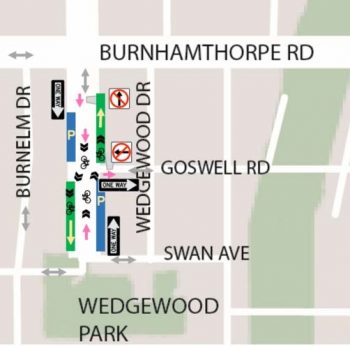 Map view of Martin Grove Road from Burnhamthorpe Road to Wedgewood Park with one way direction signs and contraflow bike lanes