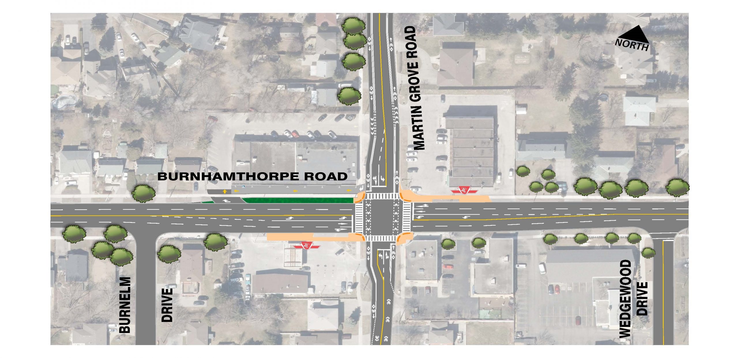 Aerial map image of proposed intersection improvements at Burnhamthorpe Road