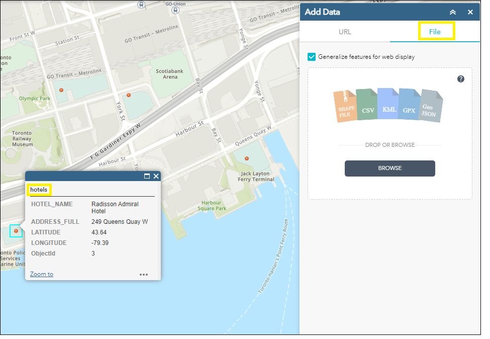 Display of the map with hotel points shown and the popup menu showing details of one of the hotels