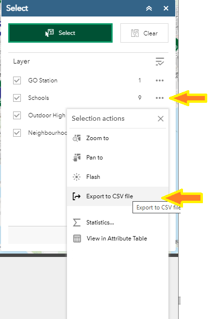 Display of the Select menu with 4 layers listed with another menu of "Selection actions" shown with "Export to csv file" highlighted for the Schools layer