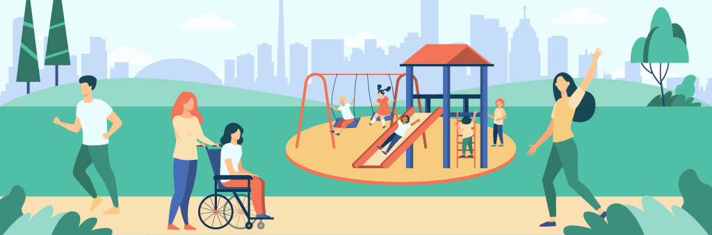 An artist illustration of a new park. There are various park users in the park, strolling along the pathway, using a mobility device, and jogging. In the background is a small playground with children using the slides and swings. The Toronto skyline is pictured in the far background.