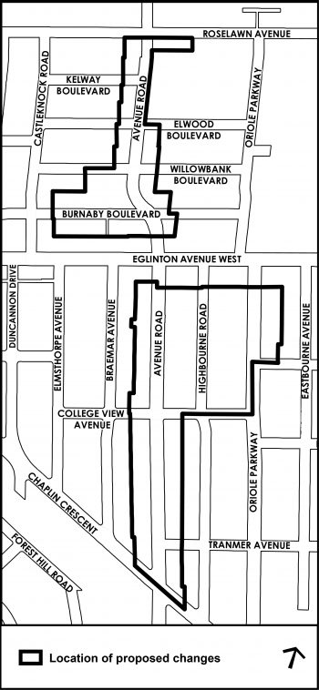 A map which outlines the location of the proposed changes on the South and North side of Eglinton Avenue West 