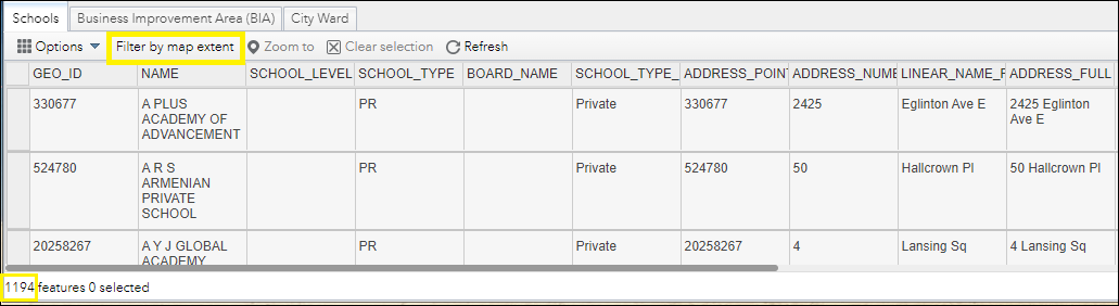 Attribute table shown with "Filter by map extent" highlighted and the number of features selected shown at the bottom of the men (1194 features)