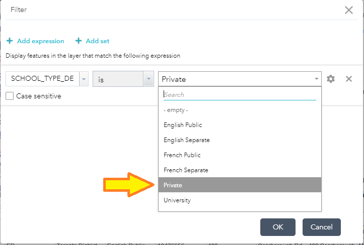Filter menu shown with SCHOOL_TYPE_DESC is Private highlighted