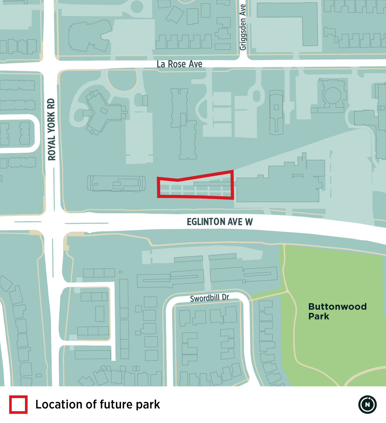 A map showing the location of the new park at 4000 Eglinton West, circled in red. The new park will be located on Eglinton Avenue West, near Royal York Road and across from Buttonwood Park. 