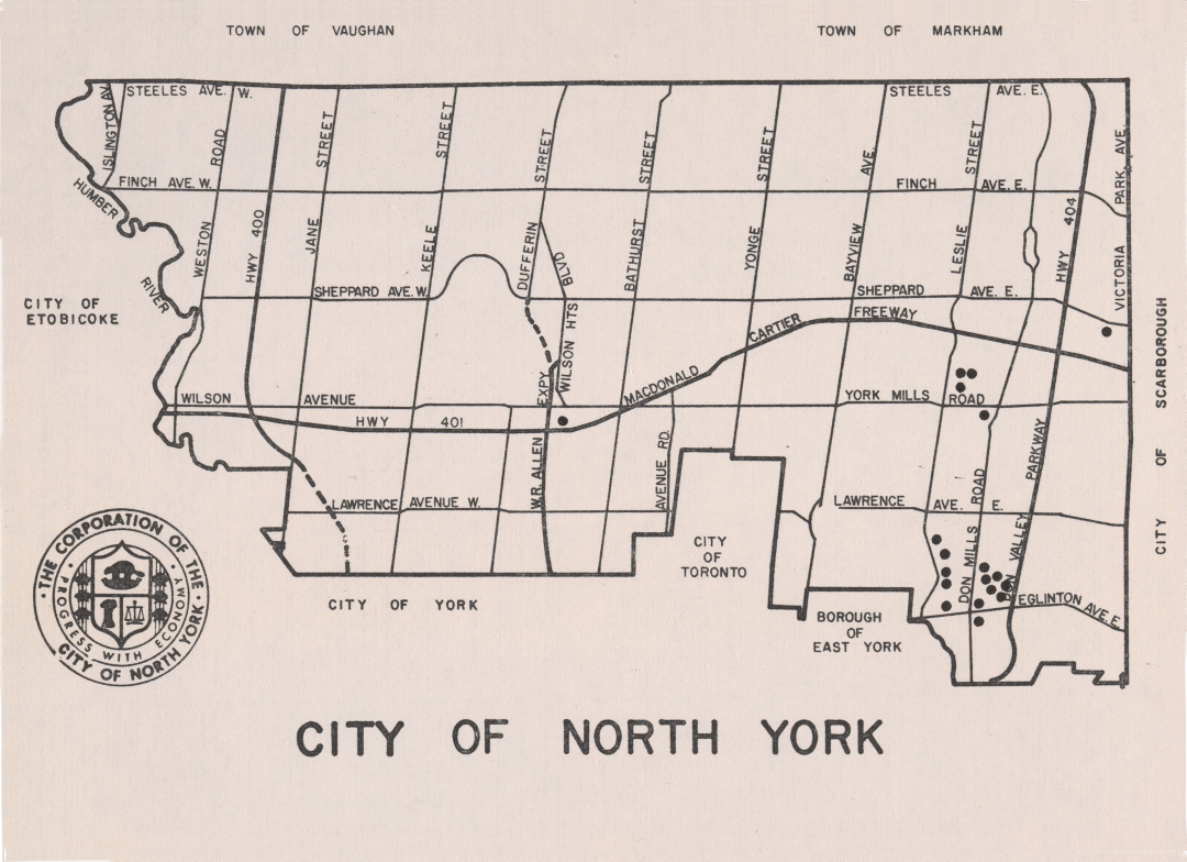 Map of the City of North York showing major streets and city boundaries.