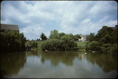 Colour view of body of water surrounded by trees. Building in the background.