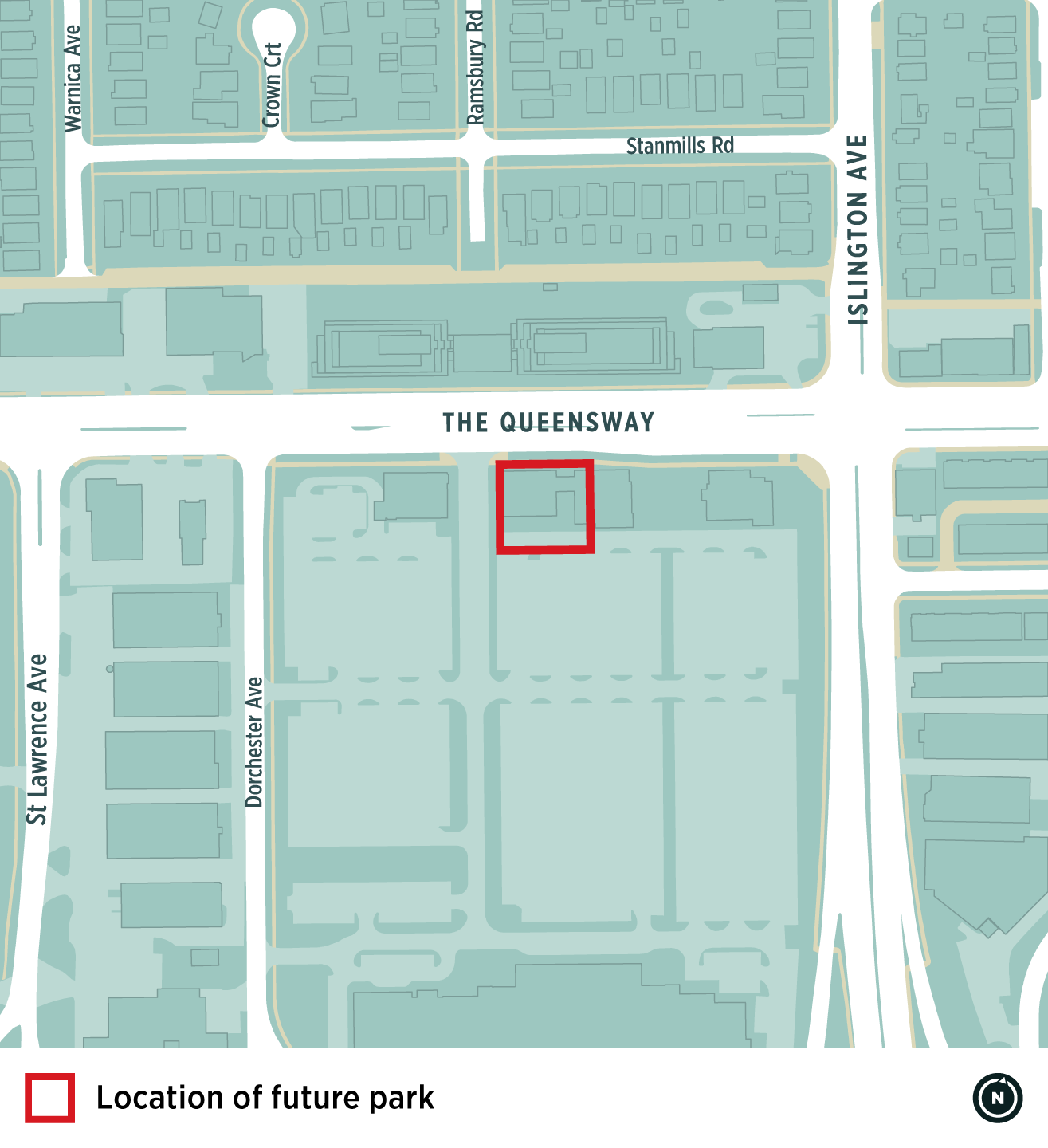 A map showing the location of the new park at 1001-1037 The Queensway, circled in red. The park is located on south side of The Queensway, just west of Islington Avenue. 