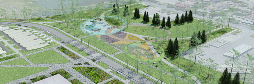 An aerial rendering of the new park at Victoria Park Avenue, looking south towards Gerrard Street East. Shade trees, the open lawn areas, pathways and playground areas can be seen.