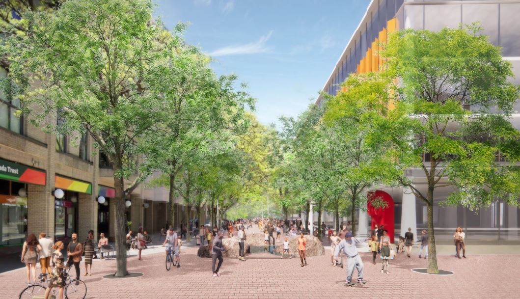 Perspective rendering of the Preferred Design, looking north from Front Street. Pictured in the rendering are various park users walking and cycling through the central promenade, and children using the water feature. Tree canopy and pole lighting is also shown.