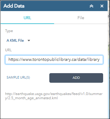 Display of the Add Data menu showing the option to add a KML url