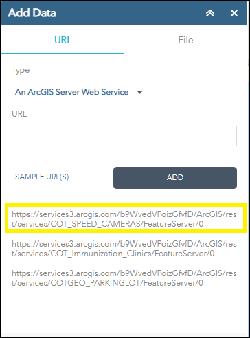 Display of the Add Data menu with the Sample URL for COT_SPEED_CAMERAS highlighted.