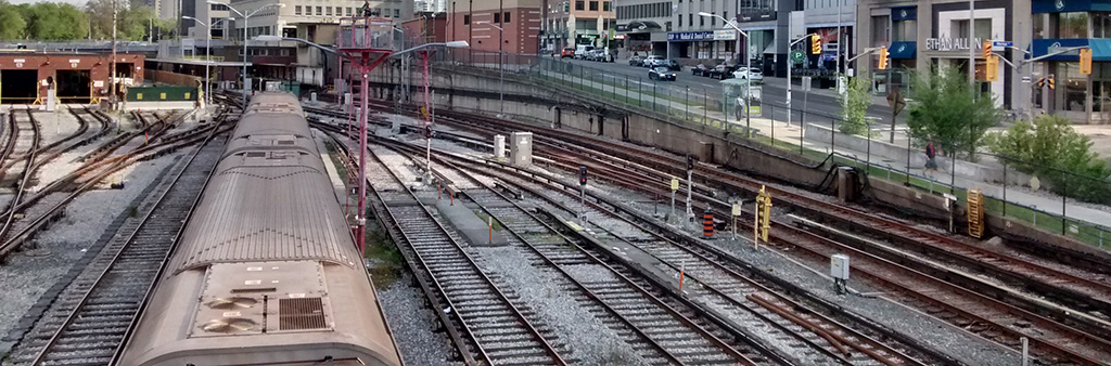 A photo of the Davisville Yard, facing northeast towards Yonge Street.