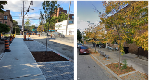 Image of an enlarged pit opening and permeable pavers between trees. Please contact Paul Martin for more information at paul.martin@toronto.ca