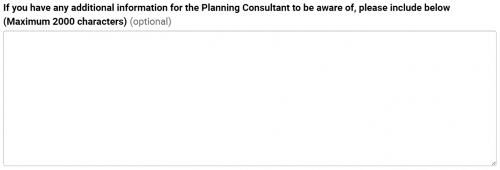 A screen within the Application Submission Tool that allows users to add additional information for the City of Toronto's Planning Consultants.
