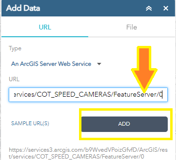Display of the Add Data menu with the URL field populated with the URL for COT_SPEED_CAMERAS and an arrow pointing at the Add button