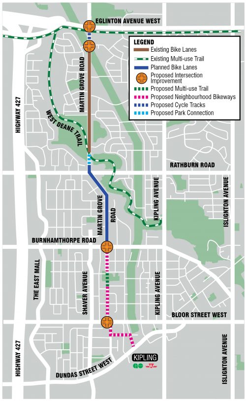 Map of project area extending from Eglinton Avenue West on north to Dundas Street West on the south