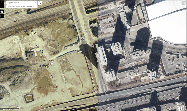 Display of the map showing the 2005 imagery on the left and the 2018 imagery on the right with the more of the 2005 image displayed than in the previous picture