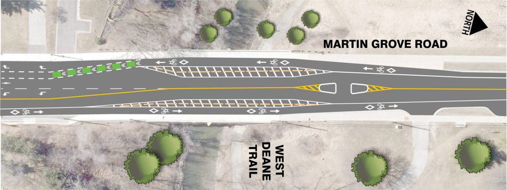 Aerial map image of Martin Grove Road bridge over Mimico creek with proposed road median and West Deane Park connection