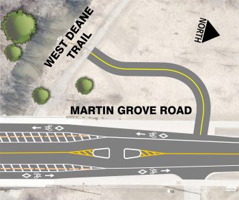 Aerial map image of Martin Grove Road bridge over Mimico creek with potential west side park connection