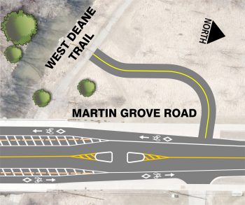 Aerial map image of Martin Grove Road bridge over Mimico creek with potential west side park connection 