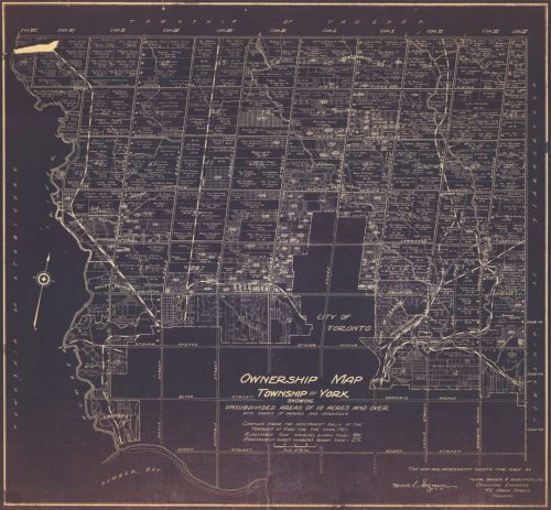 Large, white on blue map of the Township of York showing the names of landowners as well as streets and municipal boundaries.