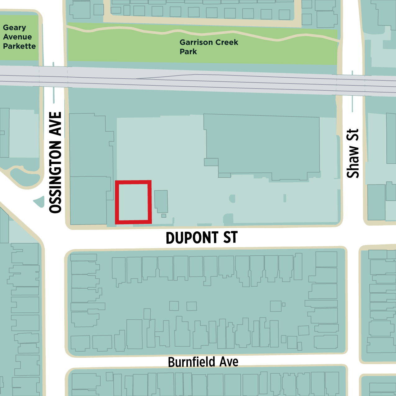 The image shows an aerial map of the new park’s location at 840 Dupont Street, at the northeast corner of Dupont Street and Ossington Avenue. A red outline shows where the boundaries of the new park will be. 