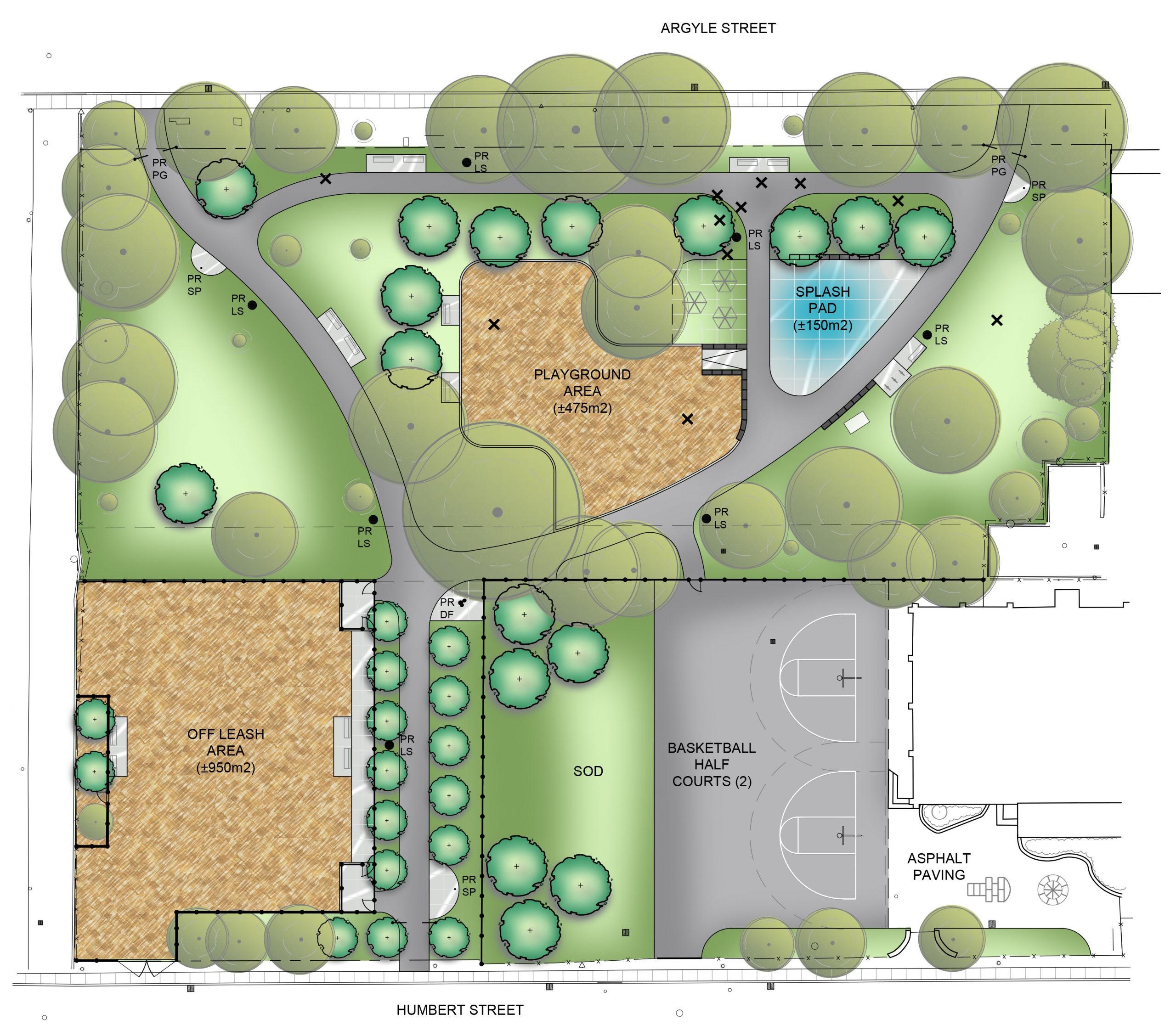 The preferred concept design for the improvements at Osler Playground and immediate adjacent School Grounds, which shows: Park entrances at the northwest corner, northeast corner and south end of the park New asphalt pathways, including a pathway loop, 3 metre wide main pathway connecting Argyle Street to Humbert Street with p-gates to prevent unwanted vehicular access, and 2.1 metre wide secondary pathway connections New playground area (approx. 475m2) with engineered cedar fibre safety surfacing, concrete playground borders, concrete ramp, armourstone seatwall, and new play equipment New splash pad (approx. 150m2) with splash pad drains, concrete paving and upgright and ground sprays New formal Off-Leash-Area (OLA) (approx. 950m2) located south of the Bell easement with 1.5 metre high chain link fencing, double gate entrances, maintenance gates, concrete borders, engineered wood fibre surfacing, irrigation, concrete walkway, and seating Open green space area at the west and east ends of the park New seating and seating areas including City standard benches, concrete paved seating area with patio style tables with umbrellas, and armourstone seatwalls, budget permitting Concrete pads for trash and recycling receptacles at park entrances New bottle filling station/ drinking fountain/ pet bowl combination located centrally in the park Bike/ stroller parking area New lighting and electrical service for special events Removal of fencing fronting Argyle Street and bisecting the park New 1.8 metre high galvanized chain link fence with gate between the School and Park properties, for safety. 27 new tree plantings and 11 tree removals on park property School grounds to receive new grass, tree plantings, and 2 asphalt paved basketball half-courts