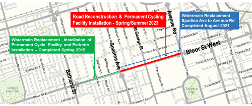 Map of Bloor street west road improvements project with timelines. Please contact Mark De Miglio for more information at mark.demiglio@toronto.ca or 416 395 7178.