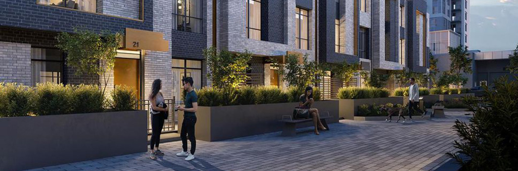 Field House Eco Urban Townhomes - Artist rendering of a low-rise building with green planters on top of interlocking.