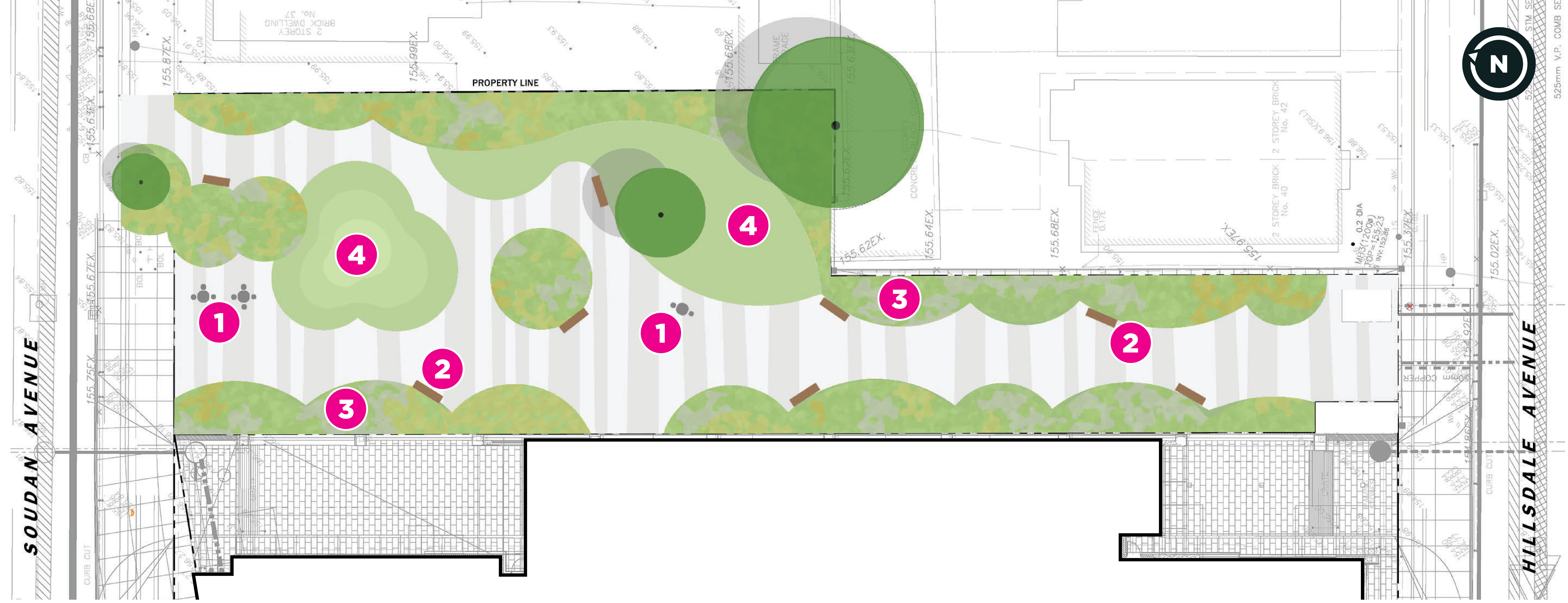 An image of the final design for the Hillsdale Avenue Park Expansion and Redesign. New features and existing roads and infrastructure are labeled in the plan and include seating throughout the park, an open lawn area in the centre, and a central pathway connecting Soudan Avenue and Hillsdale Avenue, with planting beds along the walkway. 