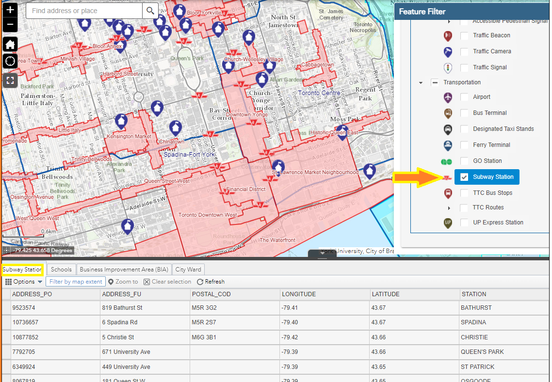 Display of map and Feature Filter menu with Subway Station selected and drawn and an addition column "Subway Stop " shown in the attribute table