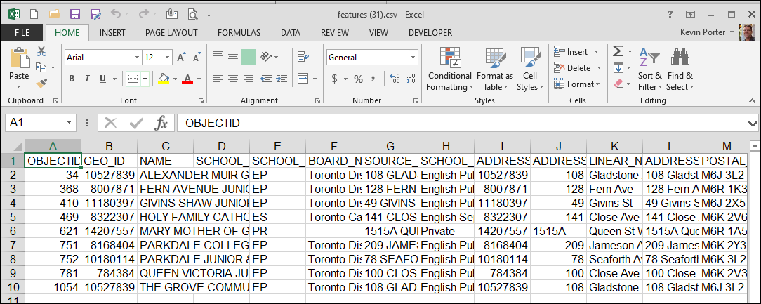 Display of select Schools in a .csv file shown in Excel