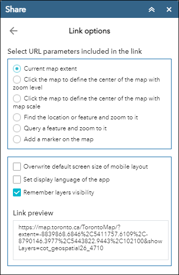 Display of the share menu show Link options and the item "Remember layers visibility" highlighed