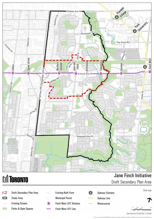 A map of the Jane Finch Initiative draft secondary plan area. 