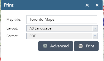 Display of the default print Menu showing Map Title (Toronto Maps), Layout(A3 Landscape) and Format(PDF)