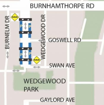 Map view of Martin Grove Road from Burnhamthorpe Road to Wedgewood Park with a series of four speed humps