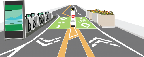 An infographic shows bikeways, a bike share station and planters at an intersection.