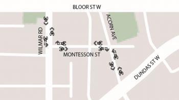 Map image of proposed bikeway from Bloor Street along Wilmar Road, Montesson Street and Acorn Avenue to Dundas Street