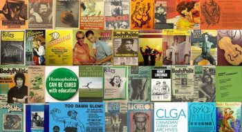 Array of historical LGBT+ magazine and book covers, posters and other ephemera